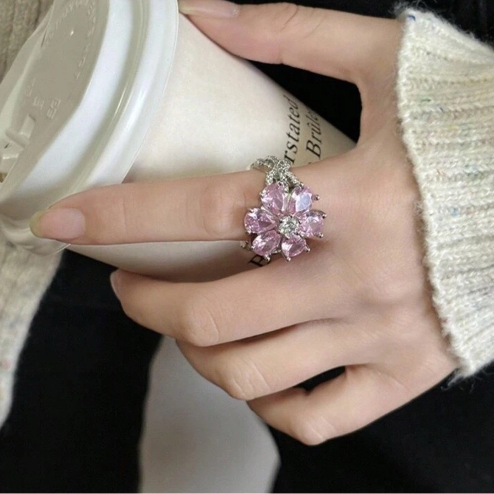 Sakura - Cherry Blossom Pink Ring Size 10 in Silver Color